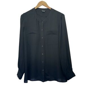 Theory Silk Blouse Black Band Collar Long Sleeve Button Front Top Size Medium